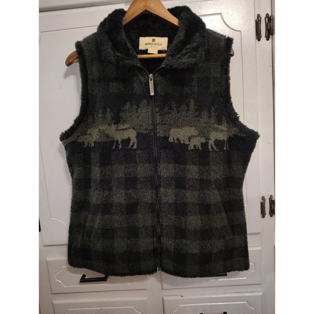 Woolrich Fleece Moose design Hiking Camping woman's Full Zip Vest Large
